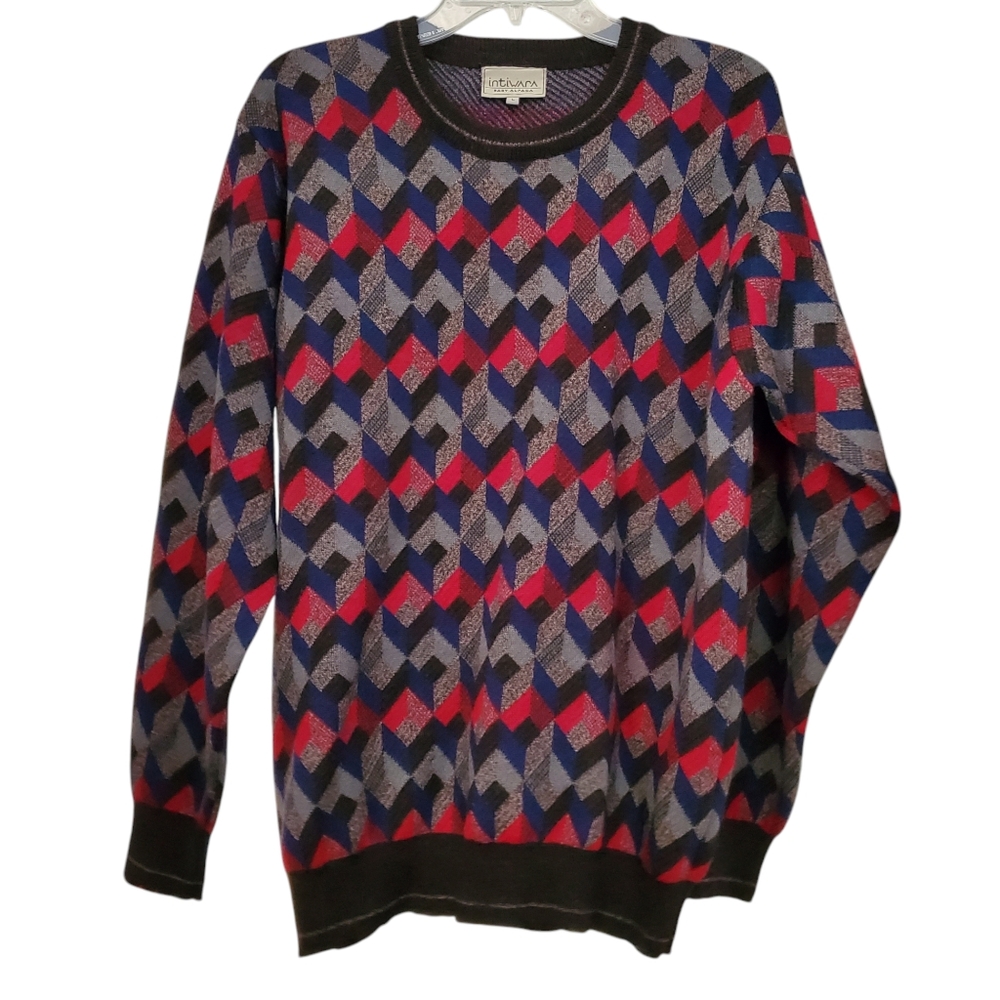 Vintage Intiwara Alpaca Geometric Crewneck Knit Sweater L Retro Cabincore *Flaw*
